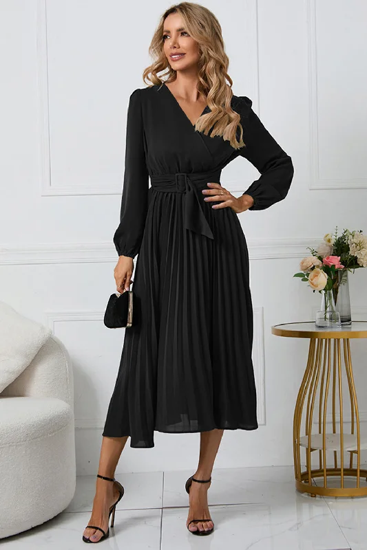 Party Dress for Christmas Party -Black A-Line Wrap Long Sleeves Long Party Dress