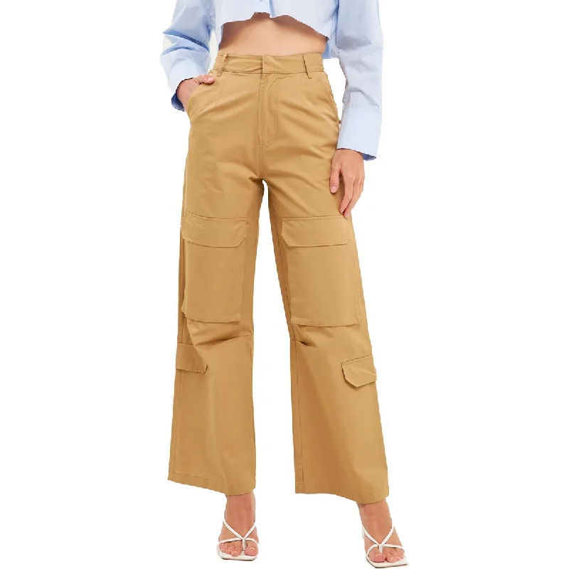 High-rise tight trousers for women with side zippers for easy styling -English Factory Womens High Rise Wide Leg Cargo Pants