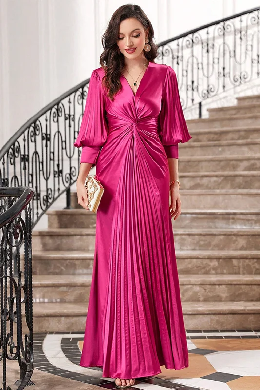 Appliqued Party Dress for Decorative -Fuchsia Pleated Long Prom Dress with Lantern Sleeves