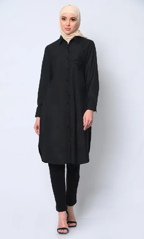 Ruffled Blouses for Girly -Classic  Black Shirt Tunic with Pocket Embroidery