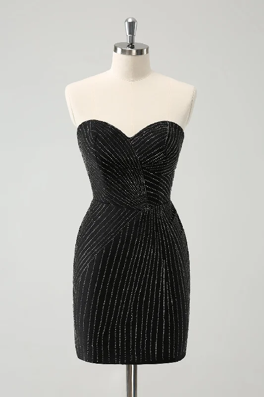 Fringed Dresses for Edgy -Sparkly Black Strapless Bodycon Mini Homecoming Dress