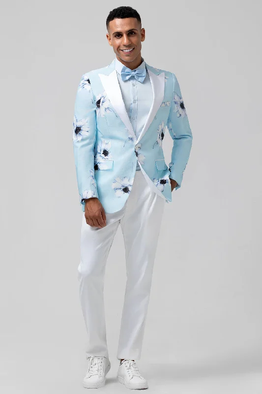 Party Dress for Birthday Party -Light Blue Peak Lapel One Button 2 Piece Floral Men's Prom Suits