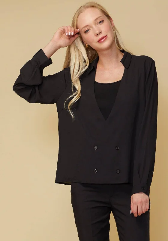 Wrap Blouses for Adjustable -V-neck Button Down Solid Shirt Blouse in Black