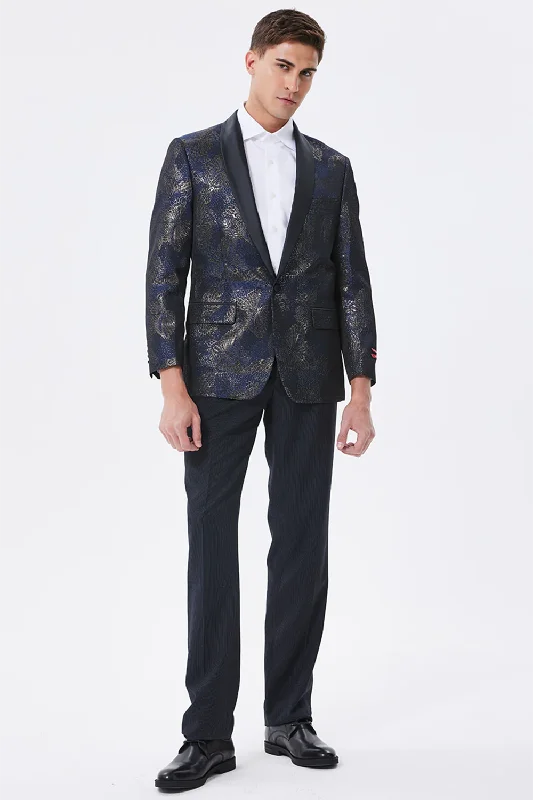 Velvet Bodice Party Dress for Rich -Dark Navy Jacquard Shawl Lapel Men's Prom Blazer