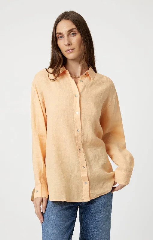 Flannel Shirts for Cozy -LINEN BUTTON-UP SHIRT IN CARAMEL CREAM