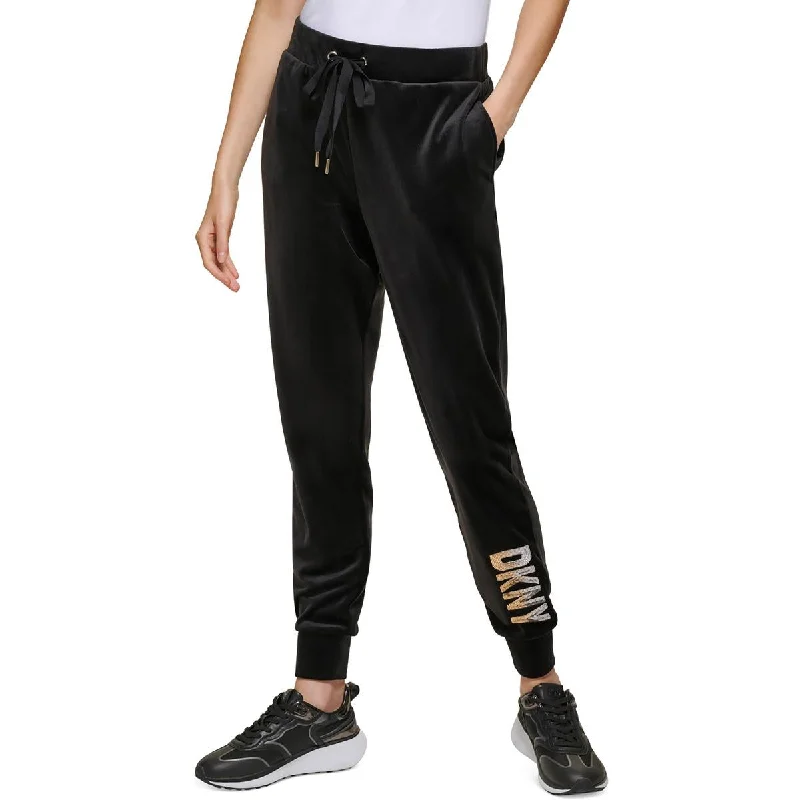 Soft wool tight trousers for women with cozy, refined fabric for cold weather -DKNY Womens Velour Sequined Logo Jogger Pants