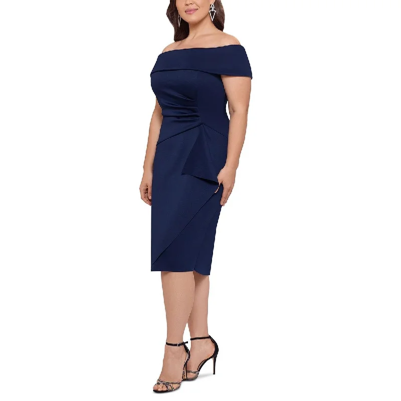 Belted Party Dress for Defined Waist -Xscape Womens Plus Faux Wrap Midi Cocktail and Party Dress