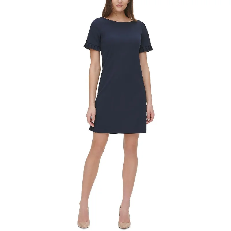 Faux Leather Dresses for Affordable -Tommy Hilfiger Womens Crepe Ruffled Sleeve Shift Dress