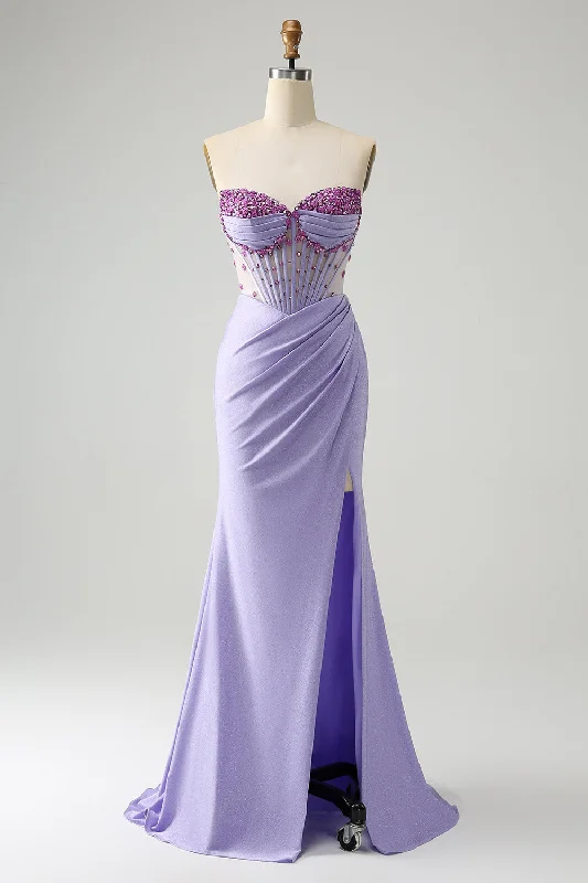 Long-sleeved Dresses for Coverage -Light Purple Mermaid Strapless Ruched Beaded Corset Prom Dress with Slit