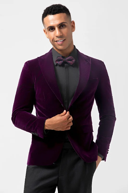 Party Dress for Engagement Party -Dark Purple Peak Lapel One Button Velvet 2 Piece Men's Prom Suits