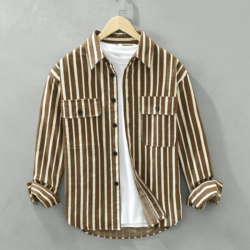 Cotton Blouses for Comfortable -Youth Loose Fit Striped Cotton Cardigan Shirt - Japanese Retro