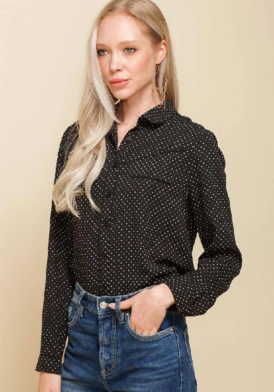 Tie Neck Blouses for Chic -Women's Rounded Collar Button Down Shirt Blouse in Black Polka Dot