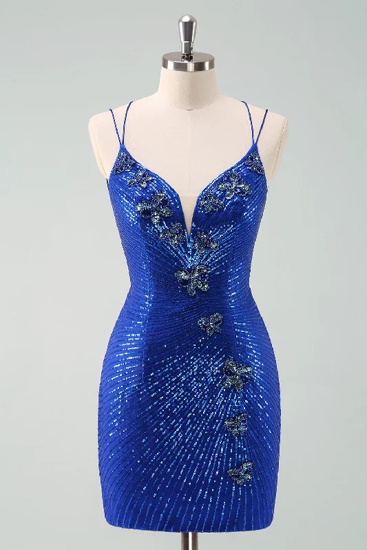 Work Dresses for Professional -Royal Blue Glitter Tight Homecoming Dress with Sequins Butterflies