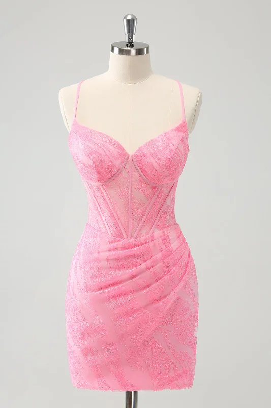 Zippered Dresses for Convenience -Pink Spaghetti Straps Tight Corset Homecoming Dress with Lace Up Back