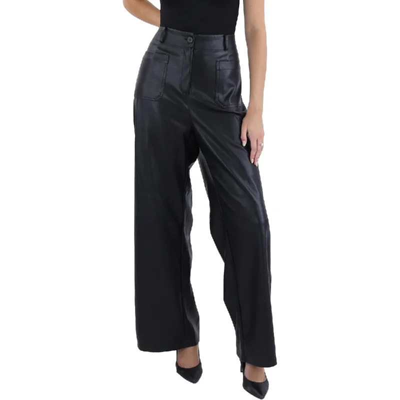 Skinny fit tight trousers for women with minimalistic design for clean look -Lucy Paris Womens Reeve Faux Leather High Rise Wide Leg Pants