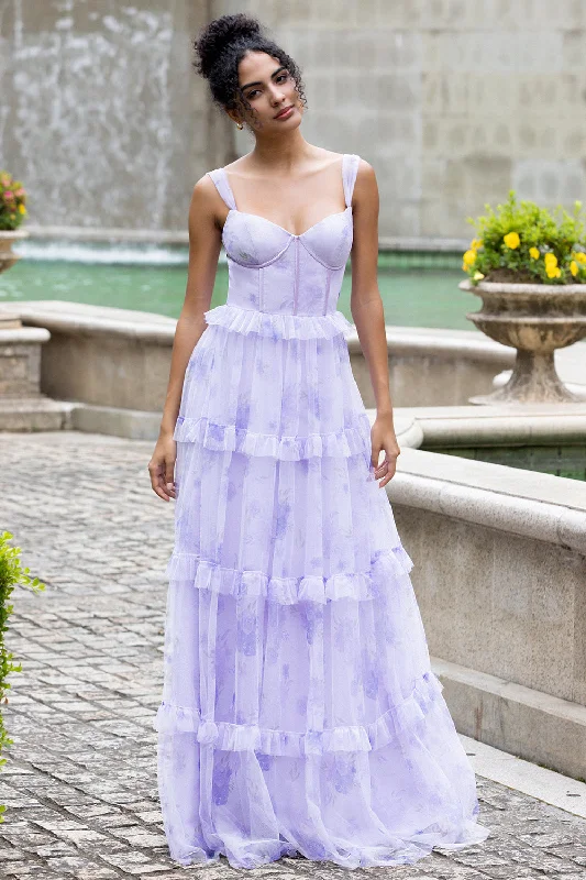 Asymmetric Hem Party Dress for Unique -Lavender A Line Corset Spaghetti Straps Floral Tiered Wedding Party Dress