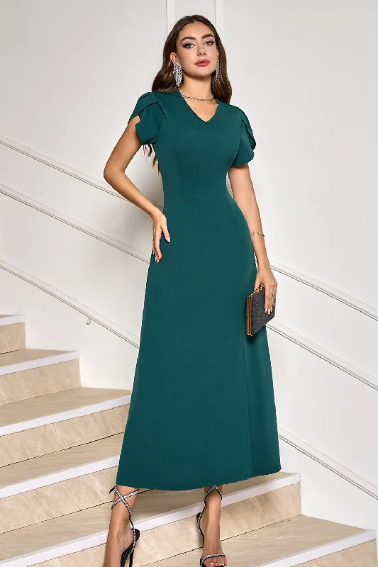 Party Dress for Garden Party -Dark Green V-Neck Midi Cocktail Party Dress with Short Sleeves