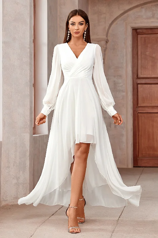 Gold Party Dress for Glamorous Look -White A-Line Wrap Long Sleeves High-Low Party Dress