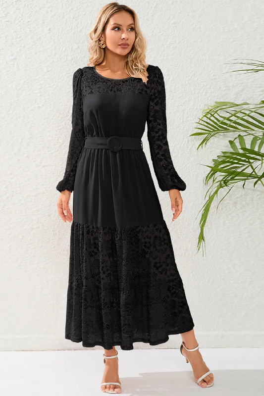 Party Dress for Valentine's Day -Black Lace A-Line Long Sleeves Scoop Long Party Dress with Belt