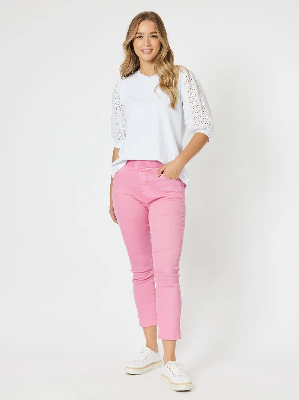 Tight trousers for women with elastic waistband for comfortable all-day wear -Threadz Bella Strech Jean Pink