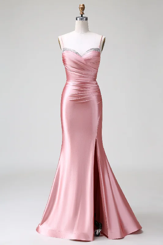 Satin Party Dress for Smooth Texture -Blush Mermaid Spaghetti Straps Satin Prom Dress with Slit