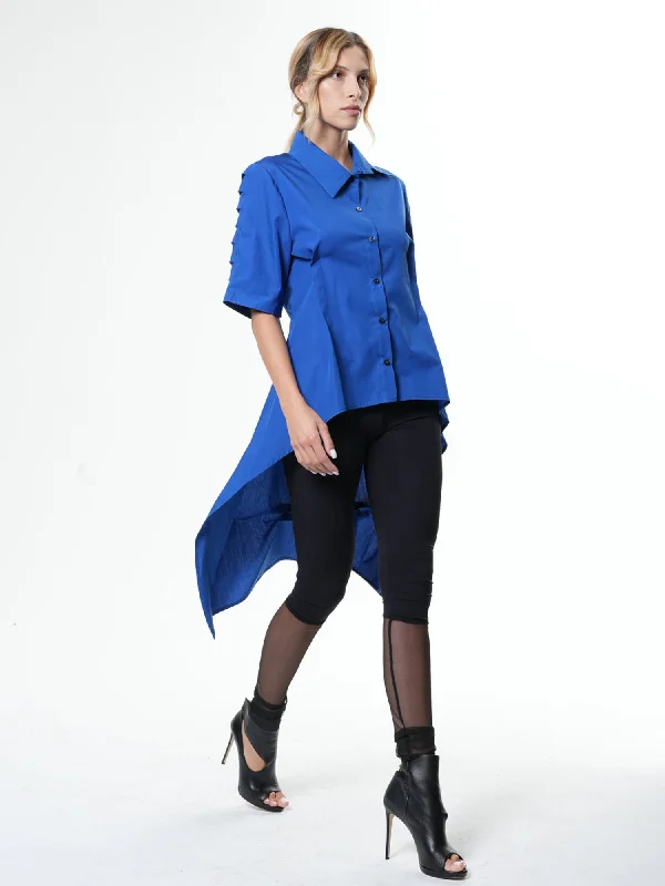 Crop Blouses for Youthful -Asymmetric Shirt With Open Back In Royal Blue