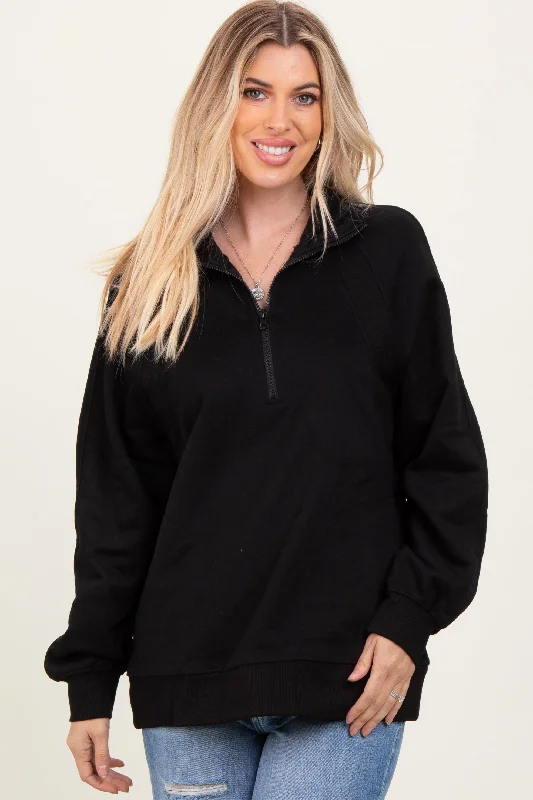 Denim Shirts for Stylish -Black Half Zip Contrast Rib Sweatshirt Top