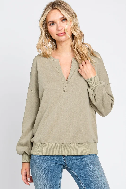 Silk Blouses for Elegant Look -Olive Split V-Neck Long Sleeve Sweatshirt