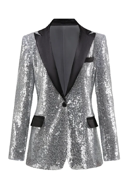 Party Dress for House Party -Sparkly Silver Black Peak Lapel Women's Prom Blazer