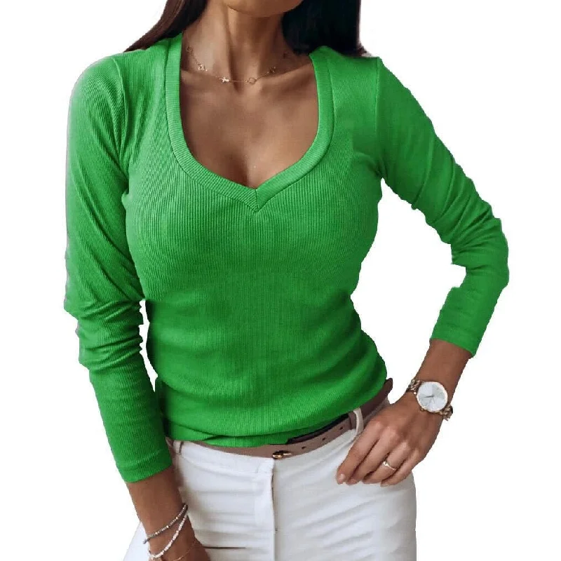 Hypoallergenic Blouses for Sensitive -Women's V-neck Ribbed Long-sleeved Shirt