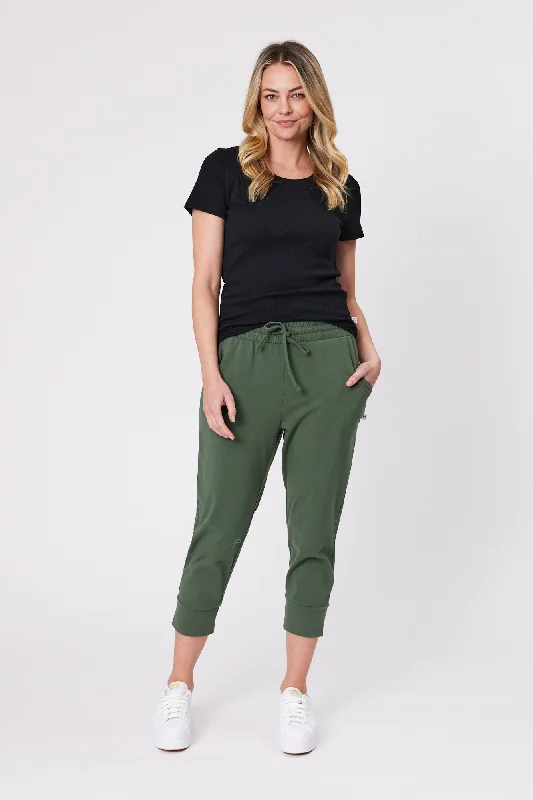 High-waisted tight trousers for women with tapered leg and vintage-inspired design -Shine On Essentials Cotton Elastane Jogger Khaki