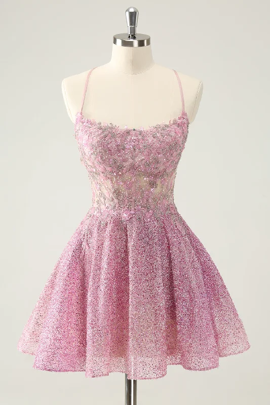 Short-sleeved Dresses for Summer -Dark Pink A Line Sparkly Beading Appliques Corset Short Homecoming Dress