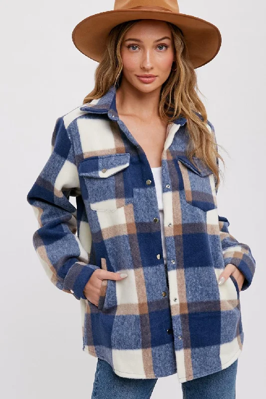 Plus Size Blouses for Curvy -Navy Plaid Fleece Shirt Jacket