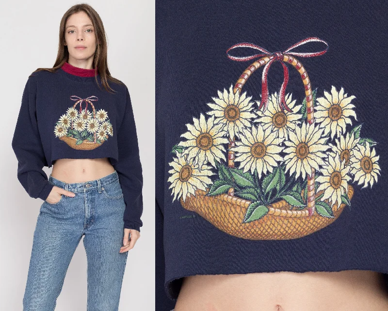 Bohemian Blouses with Tassels -Large 90s Flower Basket Cropped Collared Sweatshirt