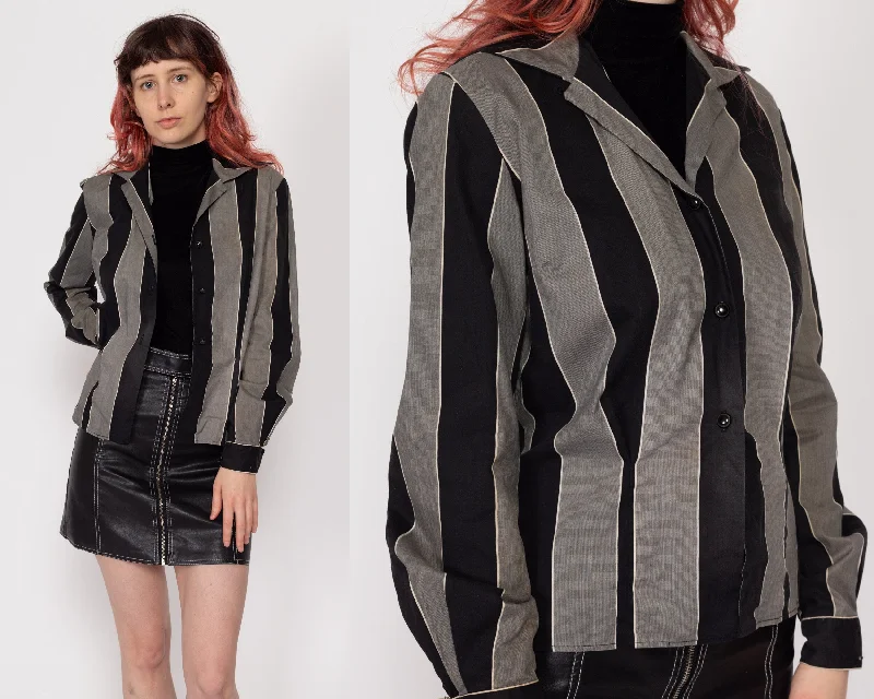 Blouson Blouses for Relaxed -XS 1950s Black & Grey Striped Loop Collar Shirt