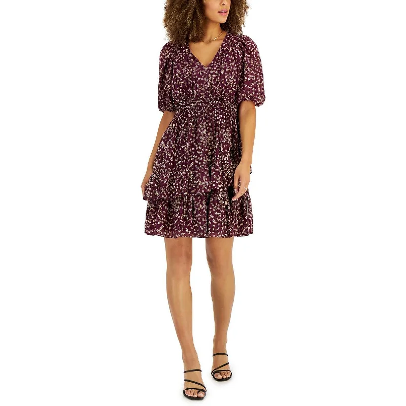 Nylon Dresses for Stretchable -Taylor Womens Petites Ditsy-Print Smocked Fit & Flare Dress