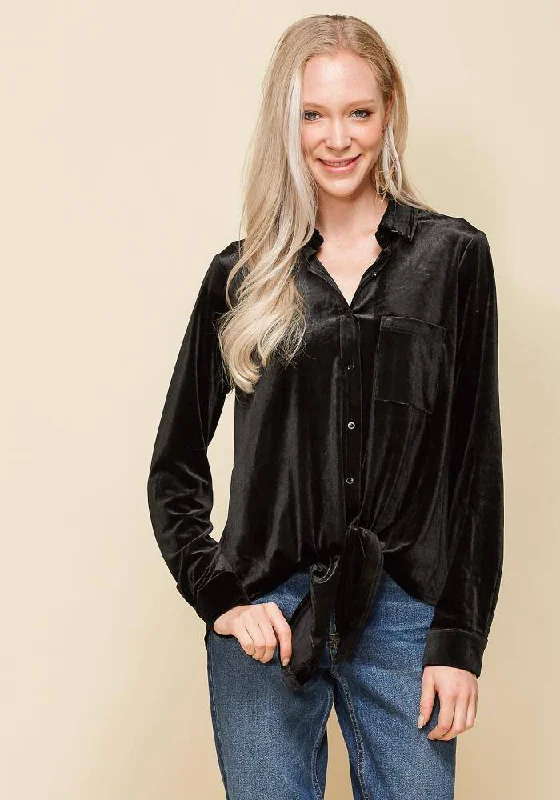 Ruffled Blouses for Girly -Women's Button Down Velvet Shirt Blouse With Tie Hem in Black