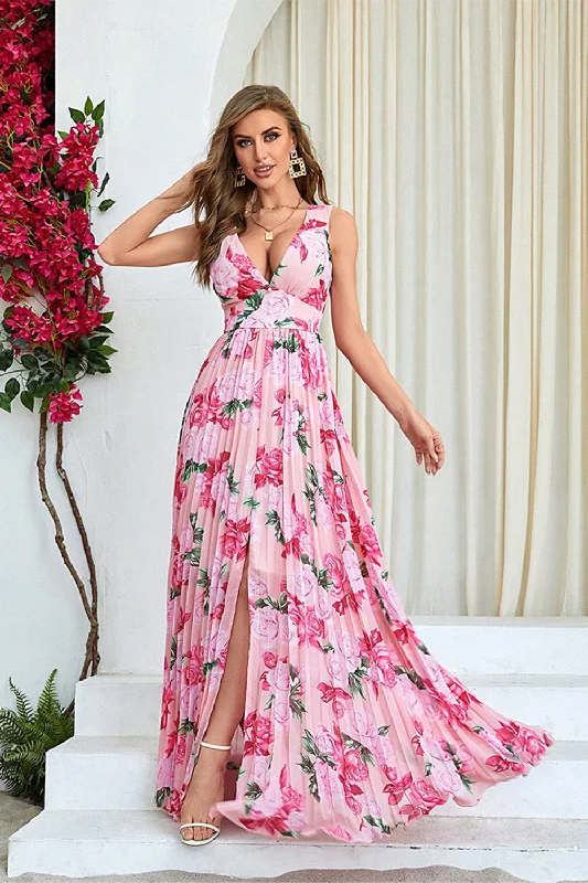 Embroidered Party Dress for Detailed -Pink Flower Print Pleated A Line Long Prom Dress with Slit