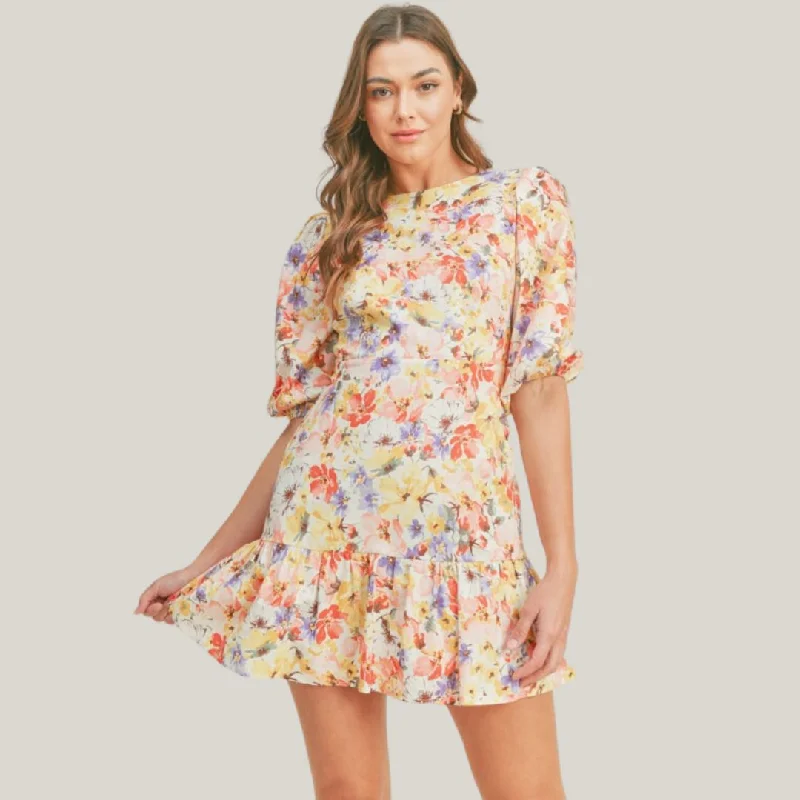 Ruffled Dresses for Girly -Floral Print Back Detail Dress (Yellow Multi)