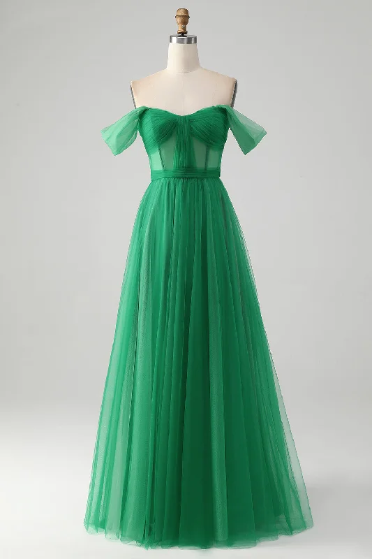 Silk Party Dress for Soft Touch -Dark Green A Line Off The Shoulder Corset Long Prom Dress