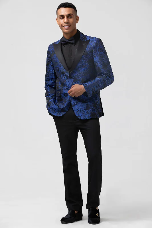 Geometric Bodice Party Dress for Modern -Royal Blue Peak Lapel Jacquard Men's Prom Blazer