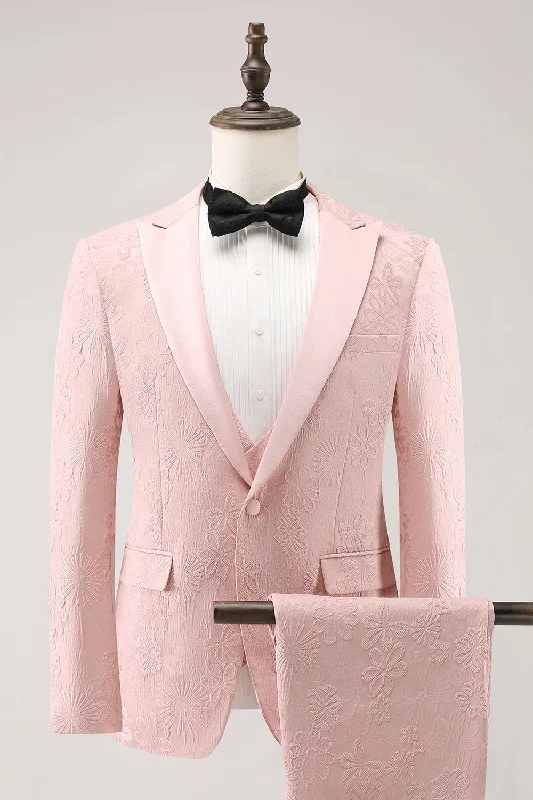 Flowy Party Dress for Graceful Look -Light Pink 3 Piece Peak Lapel Jacquard One Button Men's Prom Suits