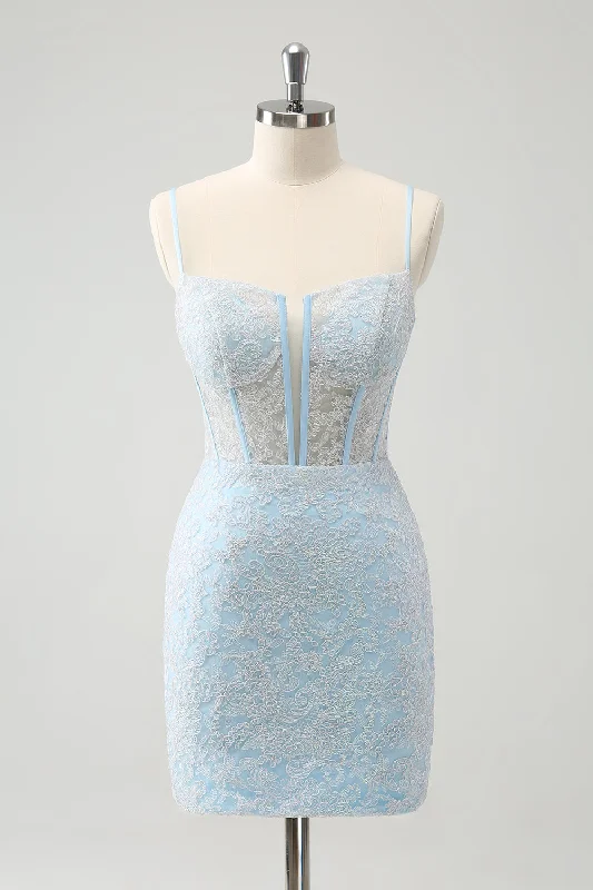 Valentine's Day Dresses for Romance -Light Blue Bodycon Spaghetti Straps Corset Homceoming Dress with Sequins