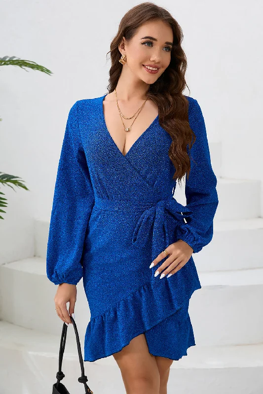 Party Dress for Office Party -Royal Blue V Neck Wrap Ruffle Long Sleeves Short Party Dress