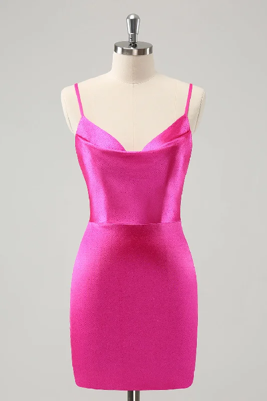 Floral Dresses for Romantic -Simple Fuchsia Cowl Neck Backless Tight Short Homecoming Dress