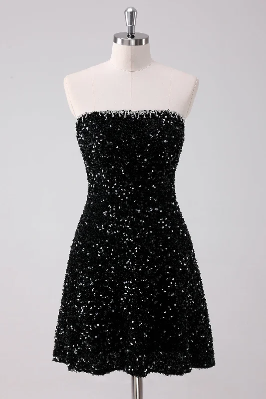 Silk Dresses for Luxurious -Sparkly Black A-Line Strapless Sequins Short Homecoming Dress