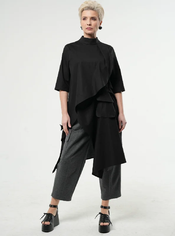 Travel Blouses for On the Go -Asymmetric Tunic Shirt In Black