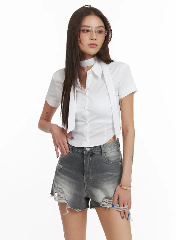 Button Down Blouses for Casual -Buttoned Collar Crop Shirt with Scarf CY424