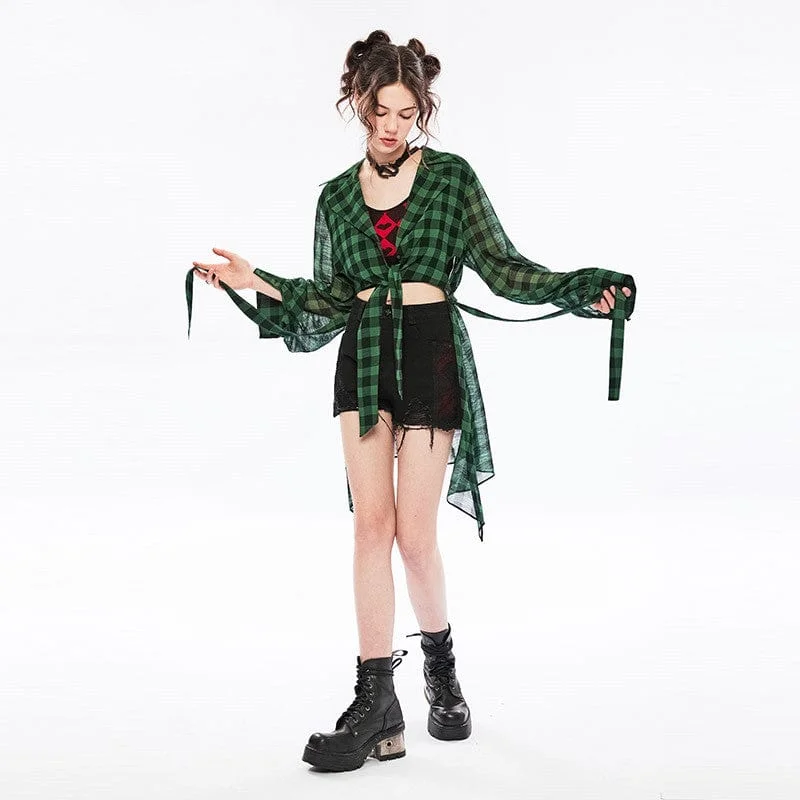 Tarnish Resistant Blouses for Long -Women's Vintage Sheer Green Plaid Long Shirt