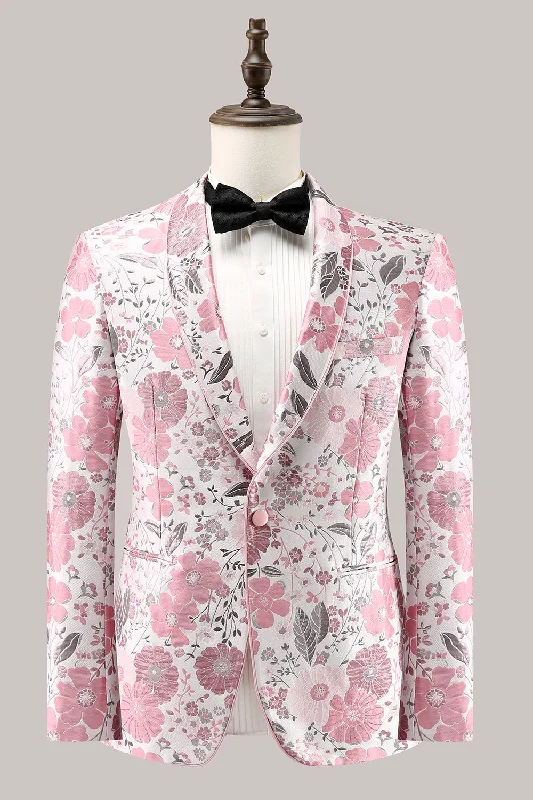 Backless Party Dress for Alluring Look -Pink Shawl Lapel Jacquard One Button Men's Prom Blazer